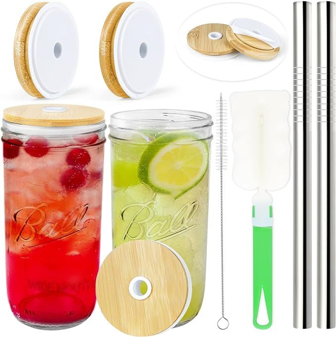 EFLYING 2 Pack Wide Mouth 24oz Mason Jars Drinking Glasses Mason Jar Cups with Bamboo Lids White ... | Amazon (US)