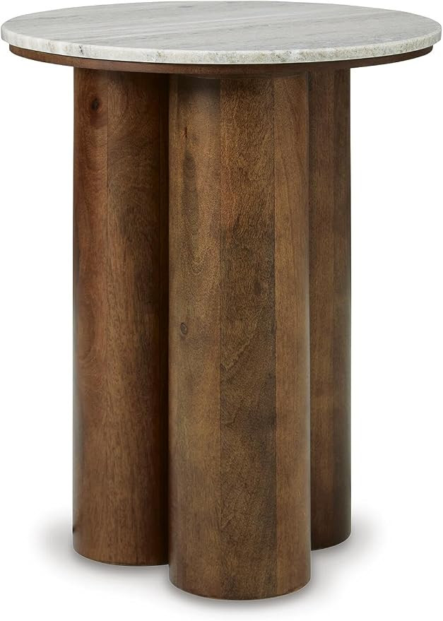 0.87 in beige marble top, Warm brown pedestal base, No assembly required, Solid and engineered wo... | Amazon (US)
