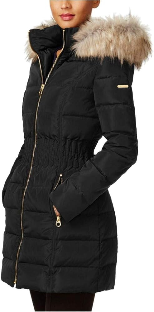 Laundry by Shelli Segal Women's 3/4 Puffer Jacket with Zig Zag Cinched Waist and Faux Fur Trim Ho... | Amazon (US)