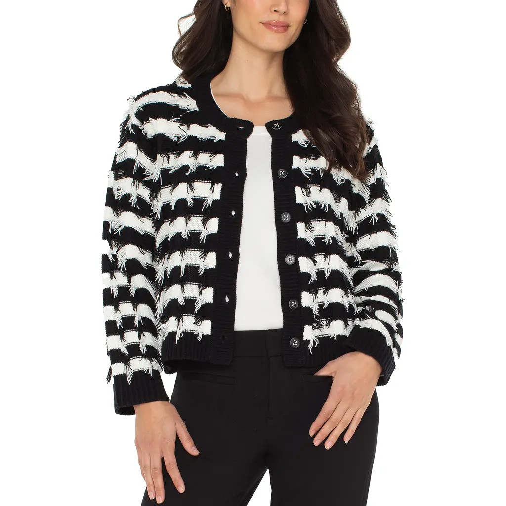 Liverpool Los Angeles Fringe Detail Stripe Sweater in Black White Stripe at Nordstrom, Size Small | Nordstrom