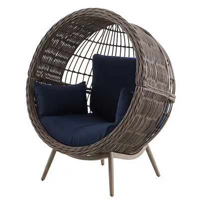 Origin 21 Dunes Wicker Brown Steel Frame Stationary Egg chair Chair with Navy Cushioned Seat | Lowe's