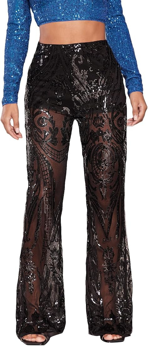 Floerns Women's Sequin High Waist Flare Leg Pants Bell Bottom Club Trousers | Amazon (US)