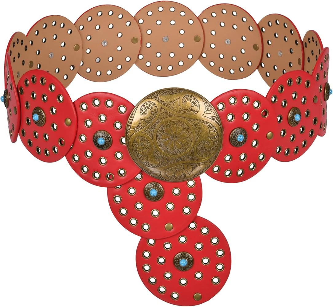 Western Leather Belts for Woman Boho Cowgirl Wide Disc Belt for Women Concho Cowboy Waist Belts f... | Amazon (US)