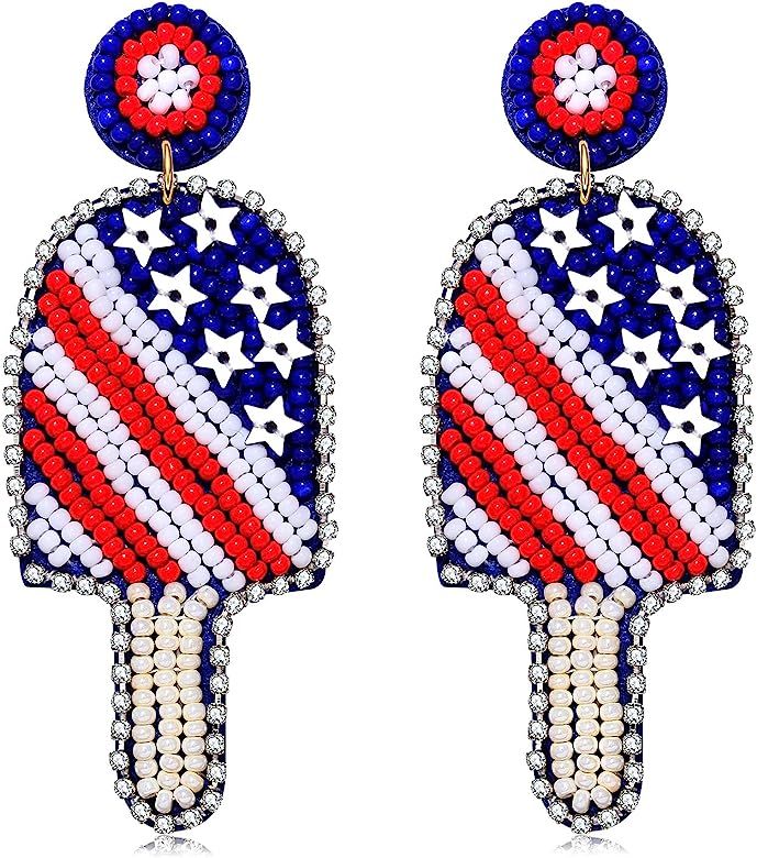 American Flag Earrings 4th of July Earrings for Women Beaded Heart Star Flag Dangle Drop Earrings Ha | Amazon (US)