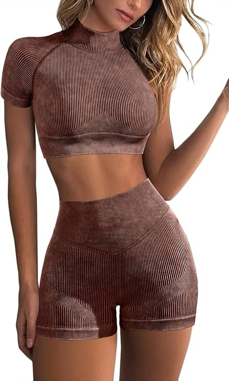 Meyeeka Women's 2 Piece Workout Sets Seamless Short Sleeve Crop Tank Butt Lifting Booty Short Yog... | Amazon (US)