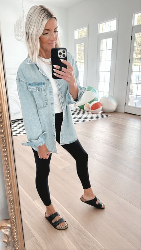 #fitoftheday!!! This denim shirt is oversized & perfect for these cooler spring/summer mornings!!! Tee & leggings are truly buttery soft without the big price tag !!! 

#LTKstyletip #LTKSeasonal #LTKbeauty