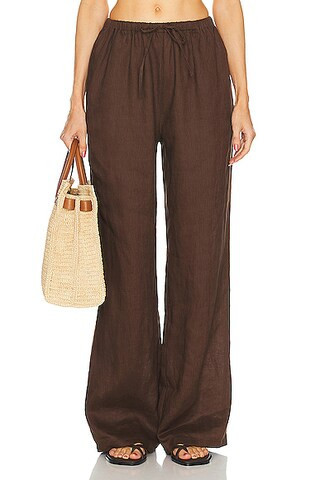 AEXAE Linen Drawstring Trouser in Brown - Brown. Size L (also in M, XXS). | FWRD 