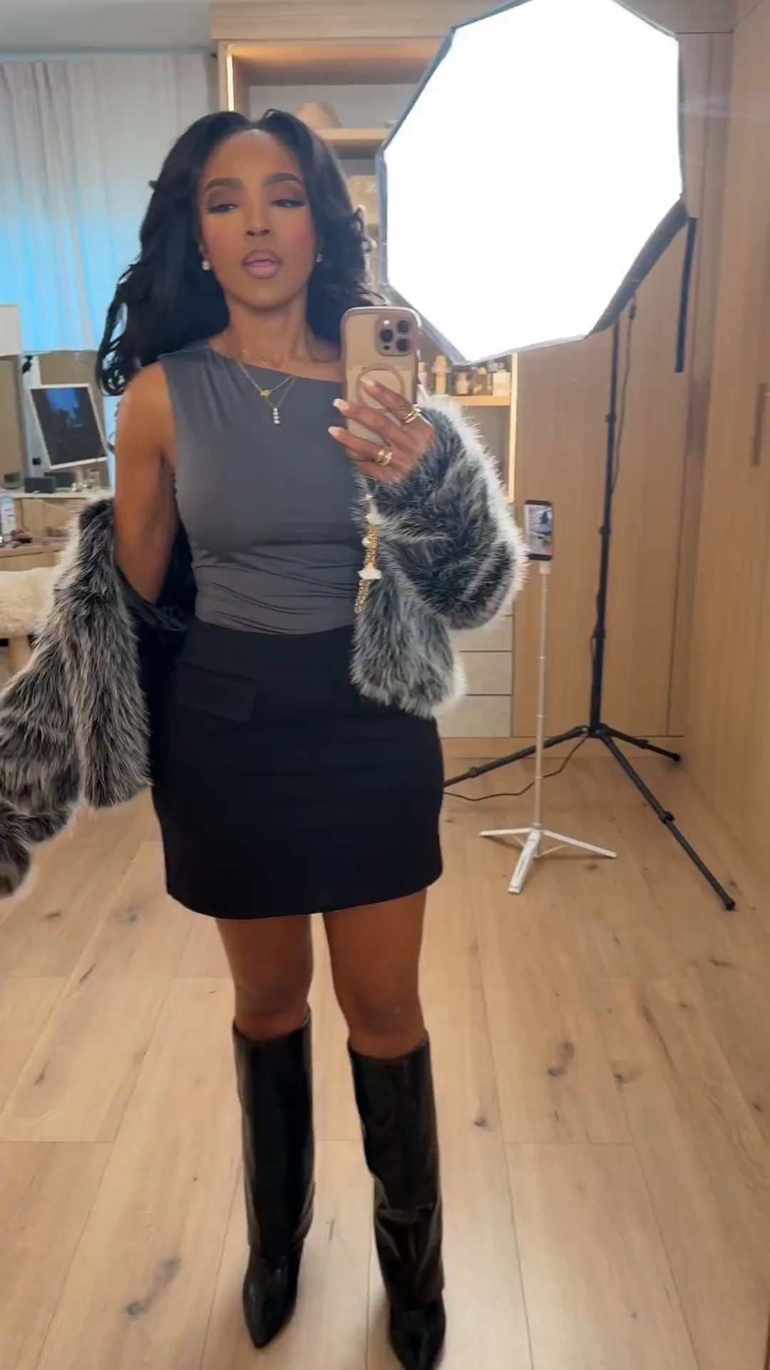 A glam winter moment from @Walmart — this faux-fur jacket instantly elevates a simple mini and knee-high boots for the chicest cold-weather look.

The texture mix makes it feel luxe while still being super affordable and wearable for so many occasions.

Perfect for: holiday parties, dinner dates, winter girls’ night, elevated casual outings

📏 Sizing: Small jacket + small top + small skirt  
Height — 5’4”  
138 lbs  
Bust — 34D  
Waist — 27”  
Hips — 40”

Shop instantly on the app.

Winter outfit ideas, Walmart fashion finds, faux-fur jacket outfit, budget-friendly glam looks, affordable holiday style inspiration.

Follow me on Instagram and YouTube @kirasfashionfinds

