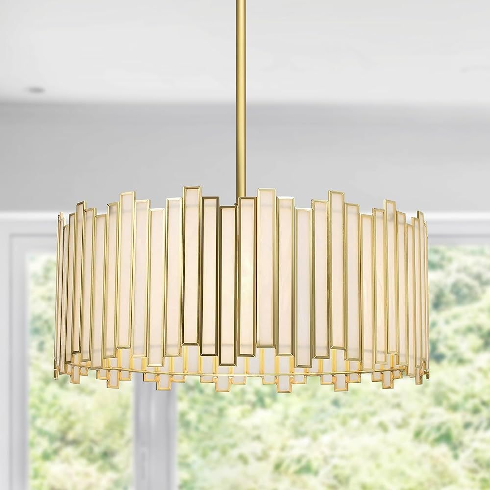 Gold Drum Chandelier 4-Light, Modern Drum Pendant Lighting Fixture with Tiffany Glass Shade, 16... | Amazon (US)