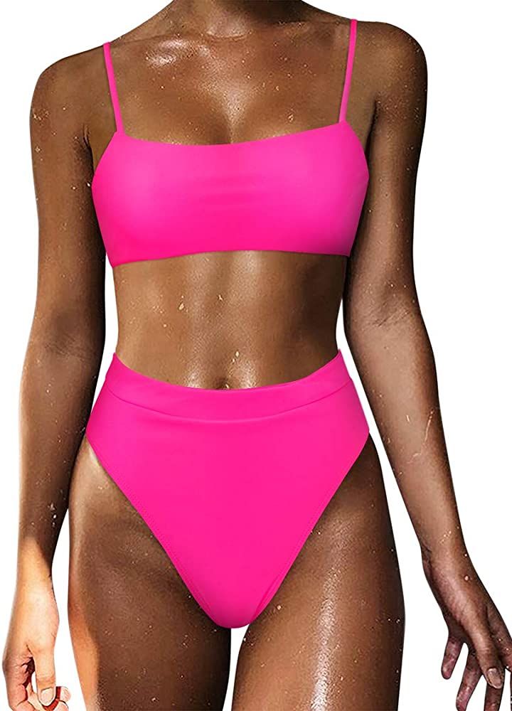 MOSHENGQI Women High Wasited Bikini Shoulder Strap 2 Piece High Cut String Swimsuits | Amazon (US)