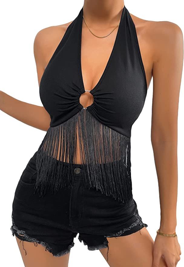 Milumia Women's Ring Linked Fringe Hem Backless Halter Sleeveless Fitted Crop Tops | Amazon (US)