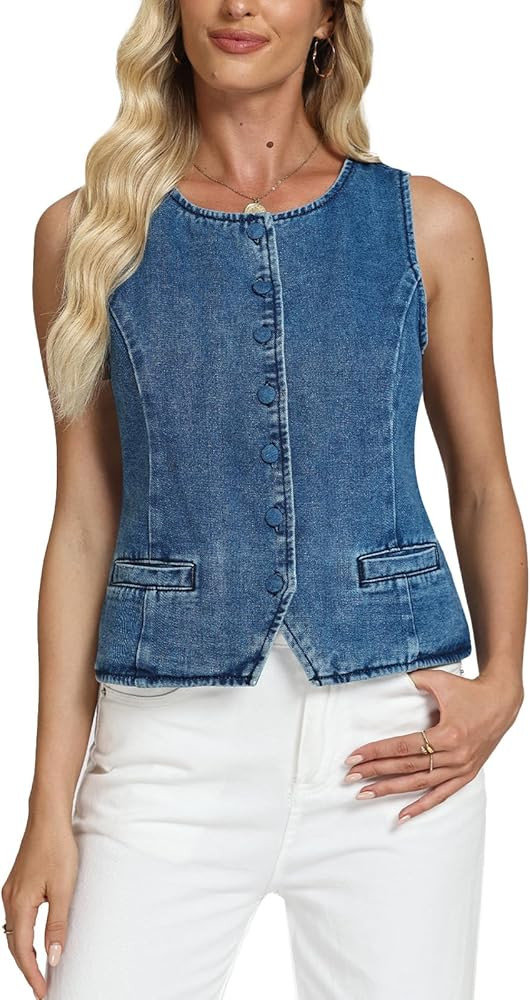 D-Sun Women Denim Vest Sleeveless Crew Neck Button Down Jean Vest Tank Tops Trendy Casual Jean Ja... | Amazon (US)