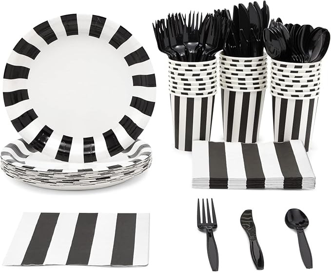 144 Piece Black and White Party Decorations, Striped Dinnerware Set with Plates, Napkins, Cups, a... | Amazon (US)
