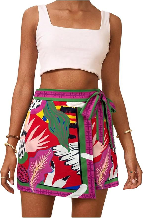 MAKEMECHIC Women's Summer Boho Wrap Mini Skirt Beach Vacation Short Skirts | Amazon (US)