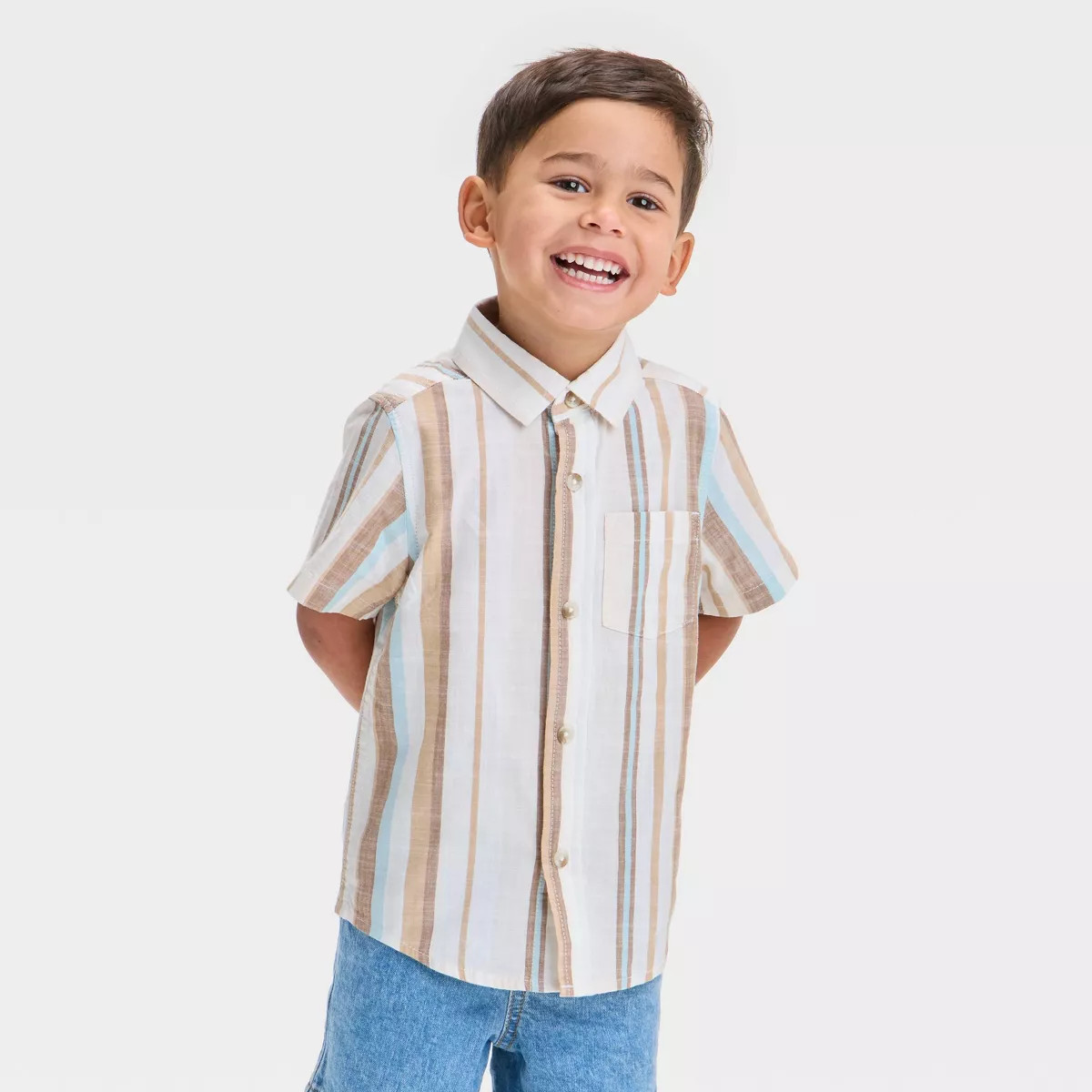 Toddler Boys' Short Sleeve Vertical Striped Poplin Woven Shirt - Cat & Jack™ Almond Cream | Target