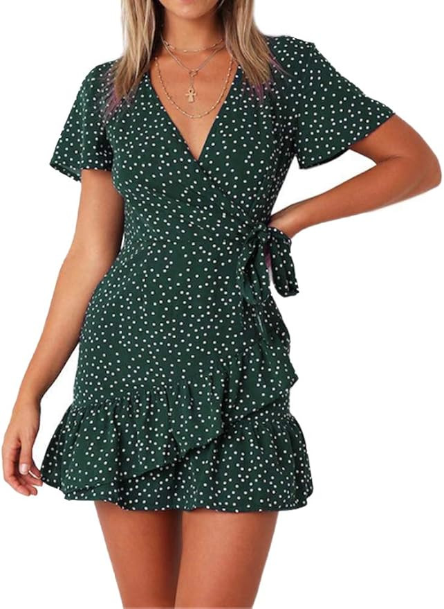 Naggoo Women's Summer Wrap V Neck Polka Dot Print Ruffle Short Sleeve Mini Floral Dress with Belt | Amazon (US)