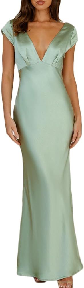 Amazon.com: Halfisland Womens Summer Satin V Neck Cap Sleeve Backless Maxi Dress Elegant Twist Cu... | Amazon (US)