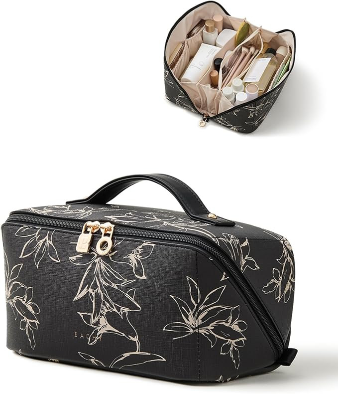 EACHY Travel Makeup Bag,Large Capacity Cosmetic Bags for Women,Waterproof Portable Pouch Open Fla... | Amazon (US)