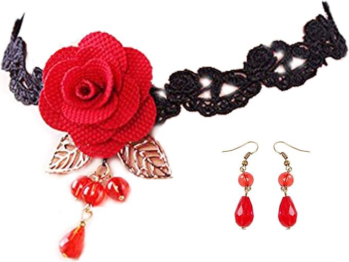 Meiysh Black red Rose Flower Lace Gothic Lolita Beads Pendant Choker Necklace Set | Amazon (US)