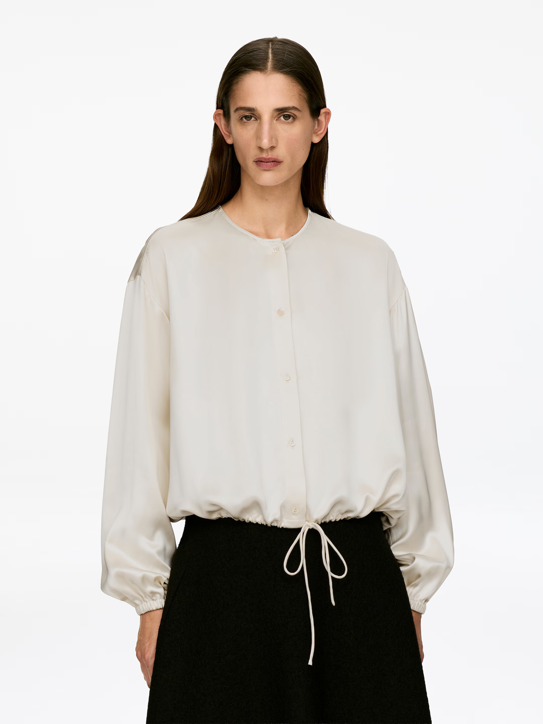 Volume-Sleeve Satin Blouse | H&M (UK, MY, IN, SG, PH, TW, HK)