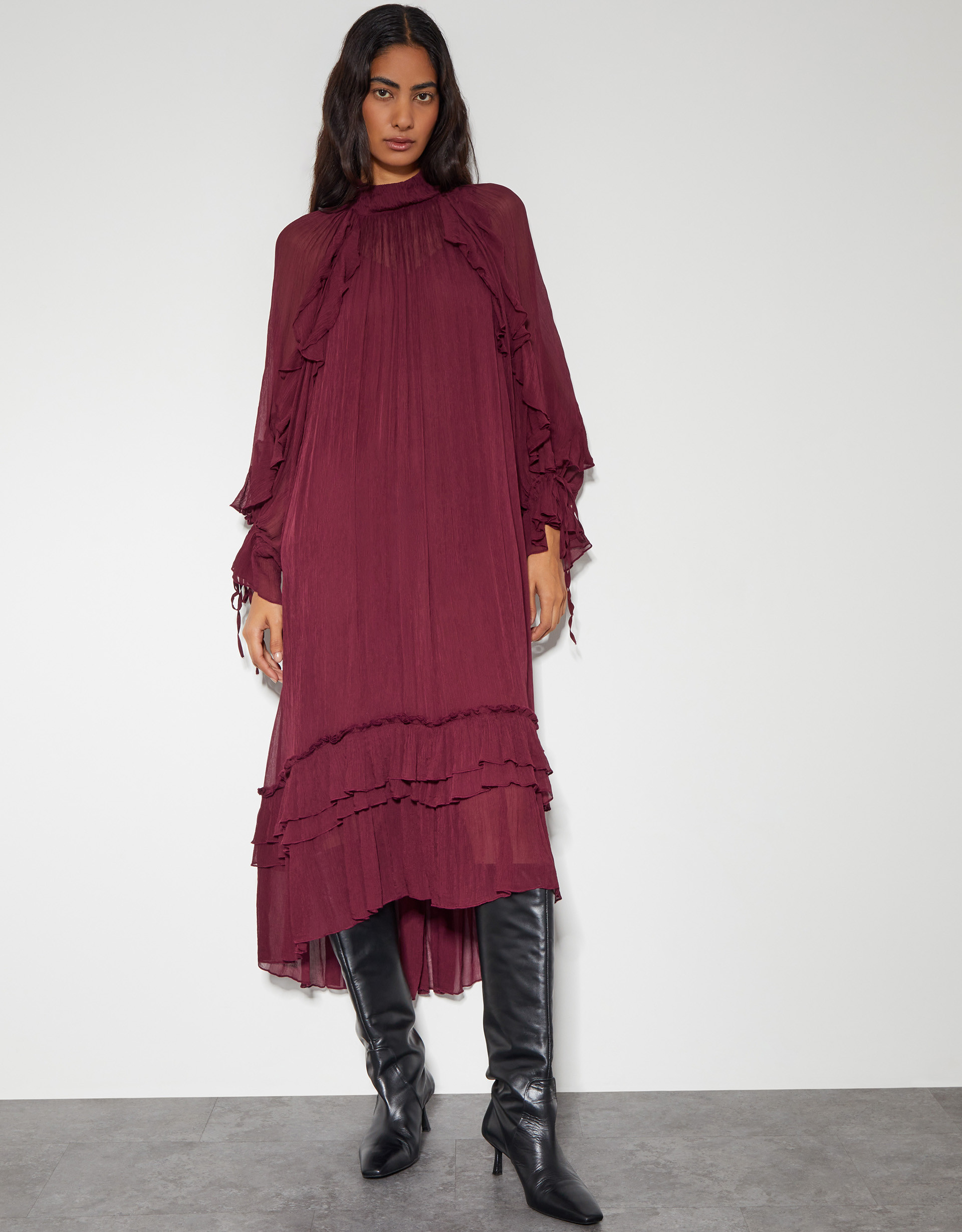 Kelly Long Sleeve Ruffle Midi Dress Red | Monsoon (UK)