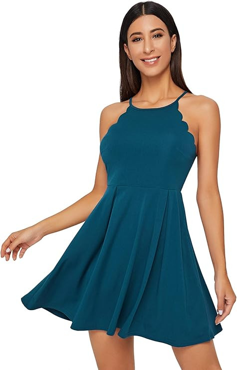 Romwe Women's Sweet Scallop Sleeveless Flared Swing Pleated A-line Skater Dress | Amazon (US)