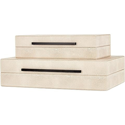 Sagala Set of 2 Ivory Shagreen Decorative Boxes With Black Metal Handles, Faux Leather Jewelry Bo... | Amazon (US)