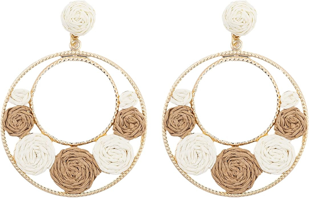 Women’s Raffia Flower Hoop Dangle Earrings Bohemian Round Chic Wave Straw Rattan Drop Earrings ... | Amazon (US)