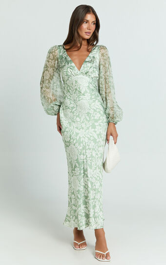 Freollyn Midi Dress - Deep V Neck Long Sleeve Dress in Sage | Showpo (US, UK & Europe)