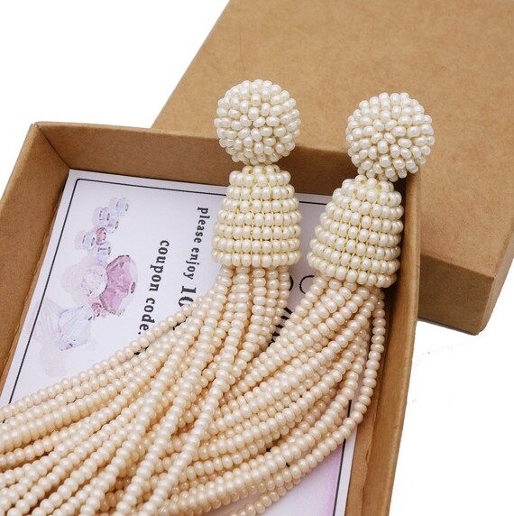 Pearl Earrings tassel-drop, Bead-embellished,  style, Clip-on sterling SILVER stud, ALL length, w... | Etsy (US)