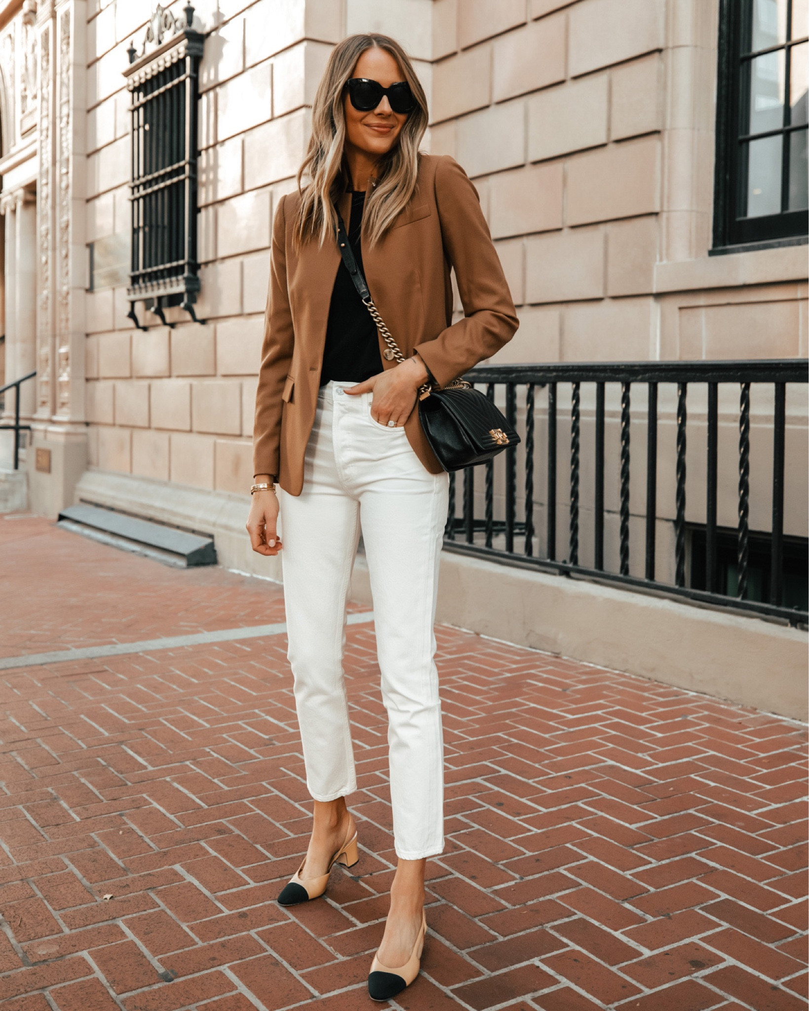 Fashion Jackson wearing camel blazer, white jeans, Chanel slingbacks, workwear, #fashionjackson #falloutfits #workwear 

#LTKworkwear #LTKstyletip #LTKunder100