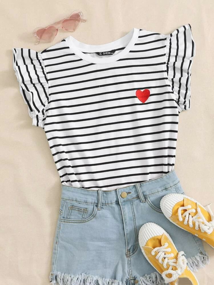 SHEIN Heart Print Striped Top | SHEIN