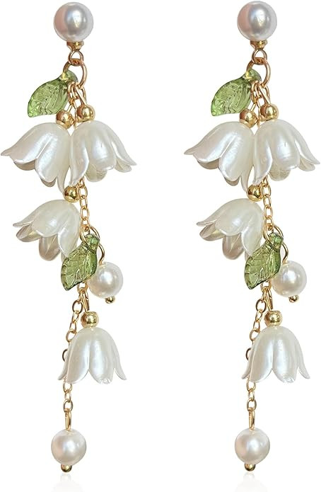 Dangle Flower Leaf Earring White Fairy Flower Summer Dangling Long Tassel Earrings Lily Of The Va... | Amazon (US)