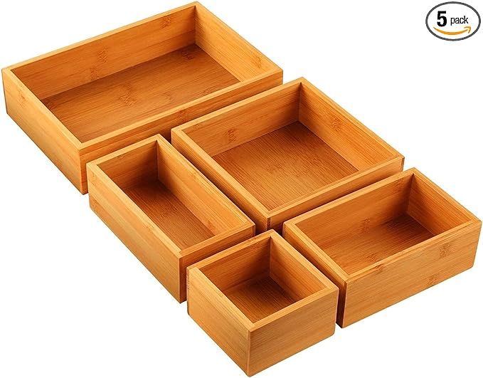 Pipishell 5-Piece Bamboo Drawer Organizer Set, Multi-use Storage Box Set, Varied Sizes Junk Drawe... | Amazon (US)