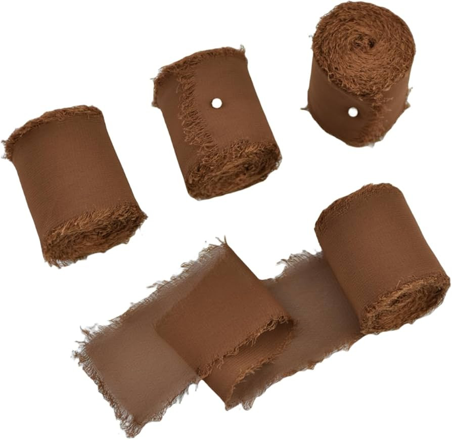 Joanlody Coffee 4 Rolls Chiffon Ribbon Handmade Fringe Ribbon 1-3/4" x 6Yd for Wedding Invitations Bridal Bouquets Gifts Wrapping | Amazon (US)
