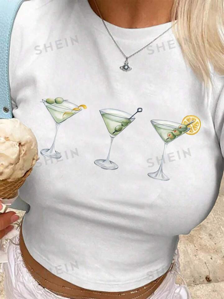 SHEIN EZwear Women Y2K Style Martini Glass Print Cropped T-Shirt Baby Tee For Summer | SHEIN