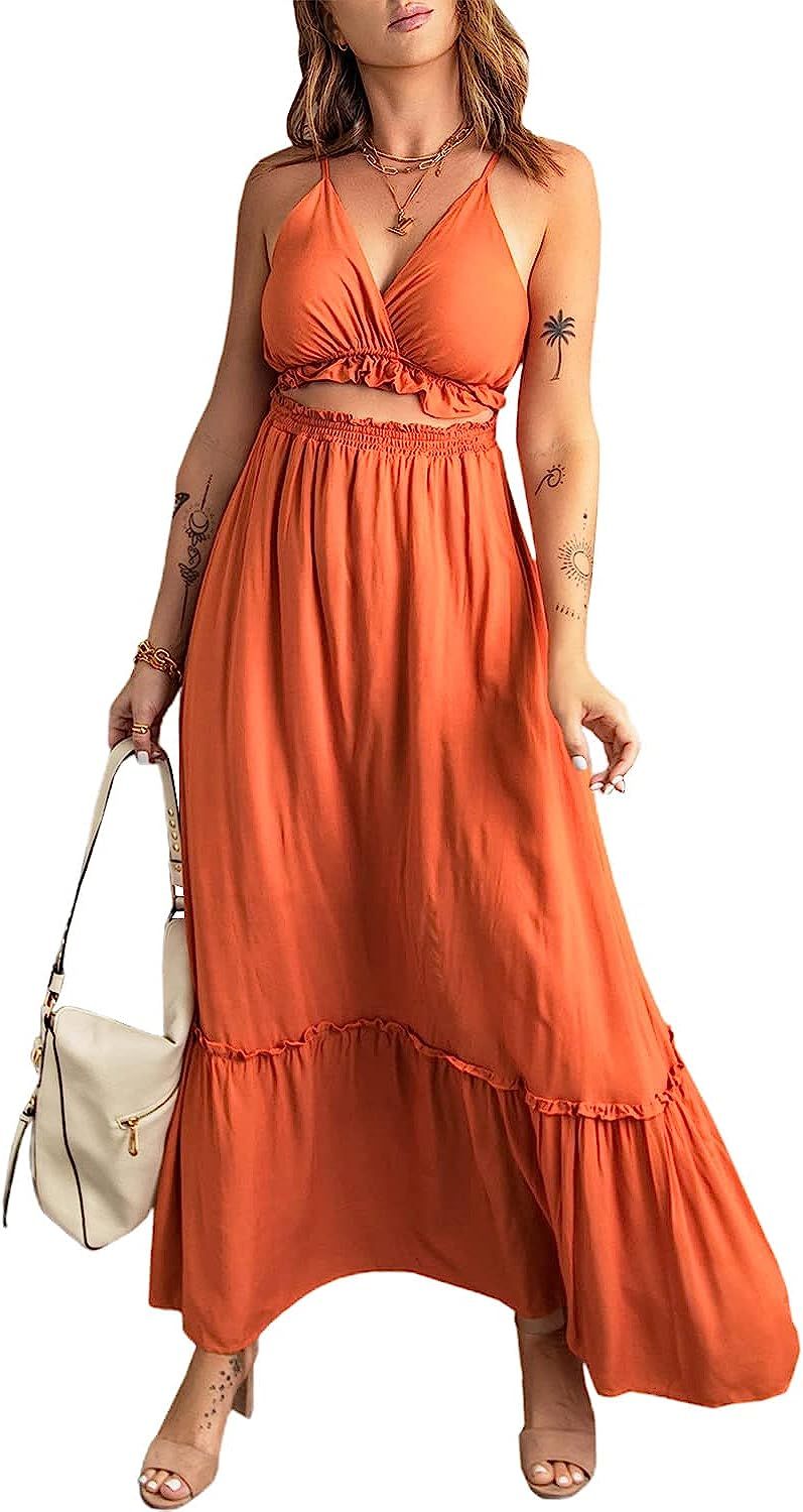 LEMAFER Women's High Waist Spaghetti Strap Sleeveless Long Dress Ruffled Cut-Out Cami Dresses Ora... | Amazon (US)
