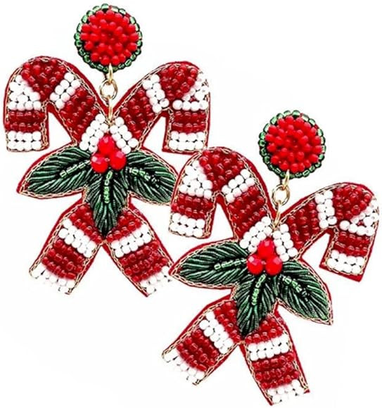 Huge Seed Beaded Candy Cane Dangle Earrings, Statement Christmas Earrings | Amazon (US)