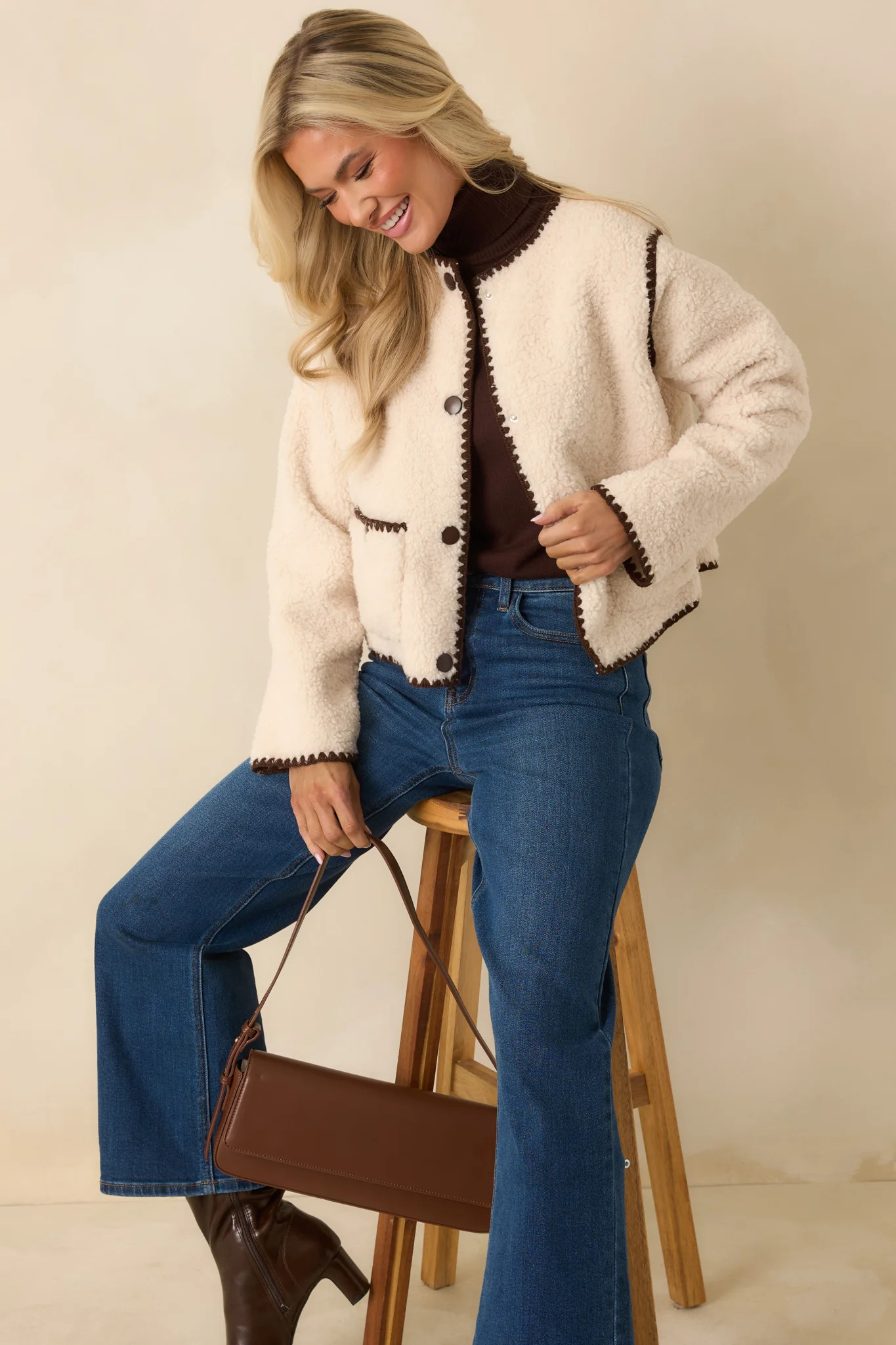 Bound to Be Cozy Ivory & Chocolate Brown Contrast Stitch Sherpa Jacket | Red Dress