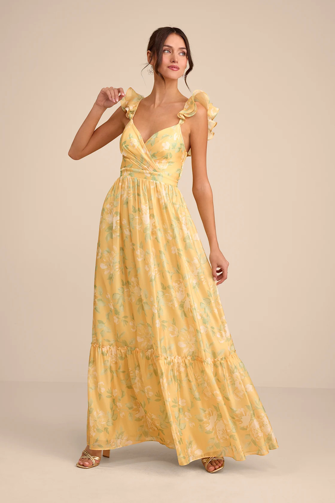 Soiree Perfection Yellow Floral Ruffled Tiered Maxi Dress | Lulus