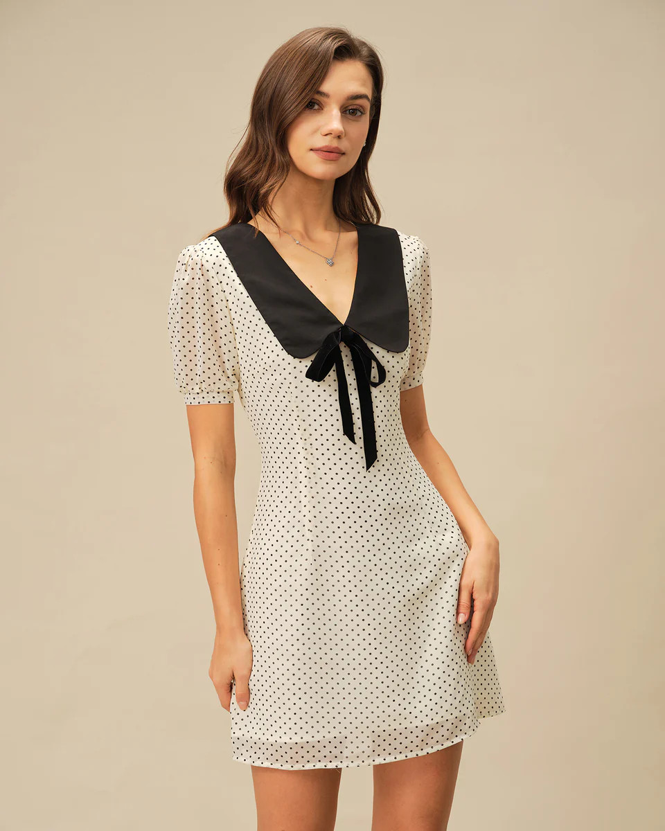Apricot Polka Dot Contrasting Mini Dress | rihoas.com