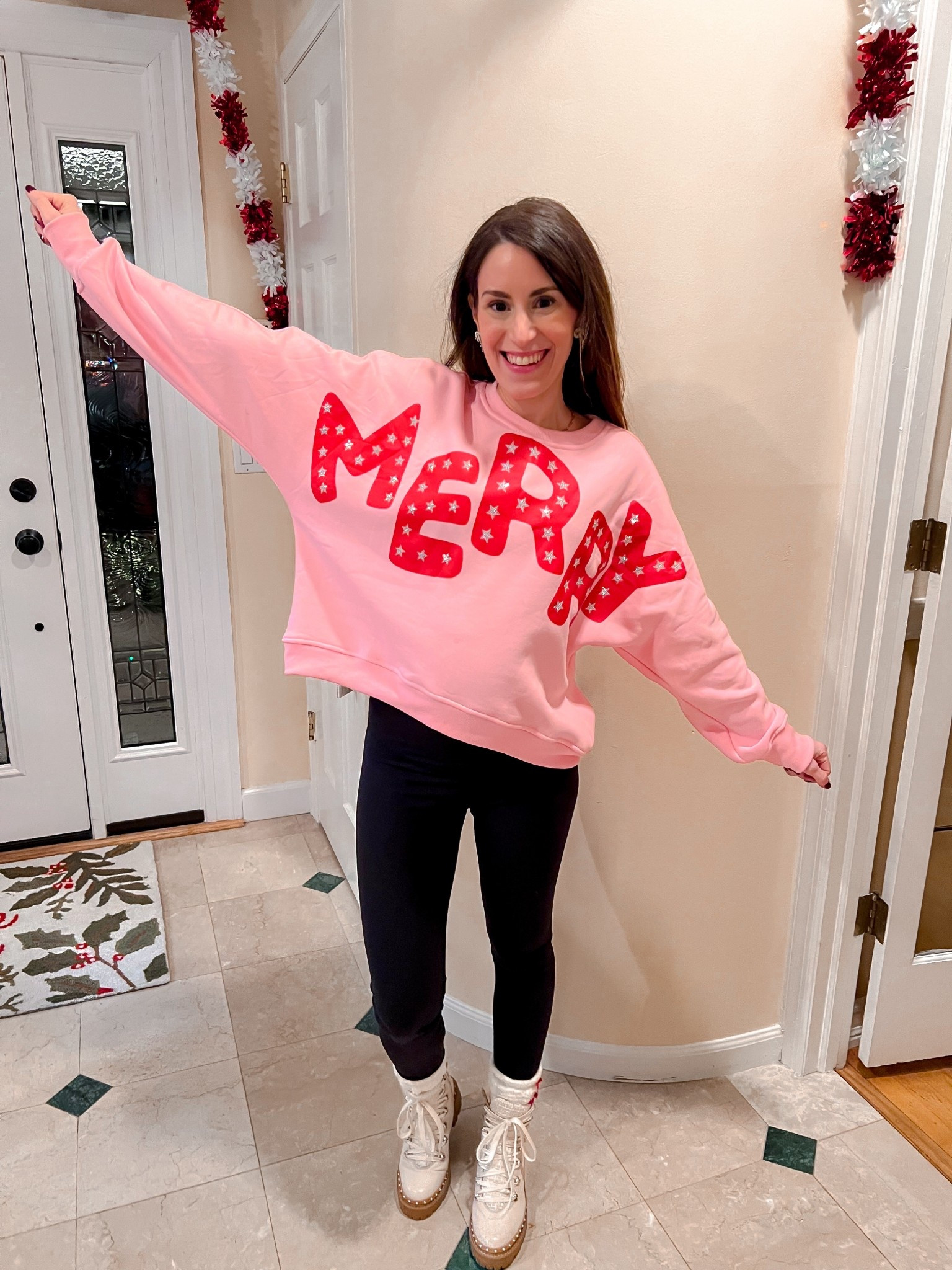 Merry sweatshirt ; Christmas sweatshirt ; mom Christmas party outfit ; embellished Christmas sweatshirt ; Amazon Christmas ; bump friendly Christmas outfit 

#LTKmomlife #LTKHoliday #LTKBump