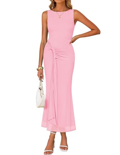 ZESICA Women's Summer Sleeveless Bodycon Dress 2026 Crewneck Ruched Sexy Mesh Wedding Guest Cocktail Party Maxi Dresses Pink Small | Amazon (US)