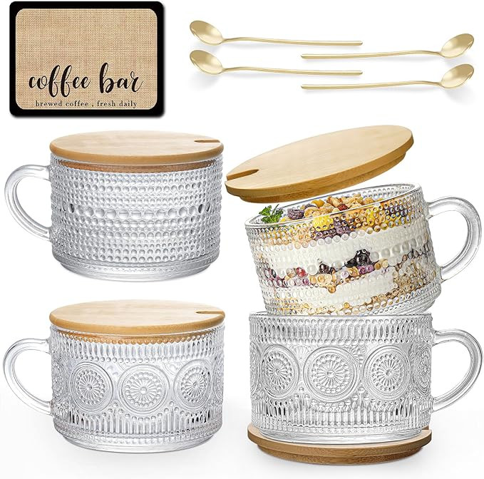 Vintage Glass Coffee Mugs 4pcs,(with Coffee Mat) Overnight Oats Containers with Lids and Spoon 14... | Amazon (US)