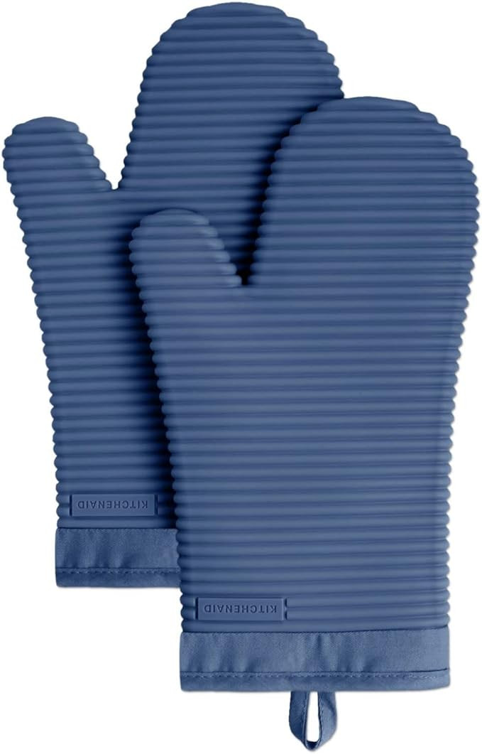 KitchenAid Ribbed Soft Silicone Oven Mitt Set, Blue Willow 2 Count , 7.5"x13" | Amazon (US)