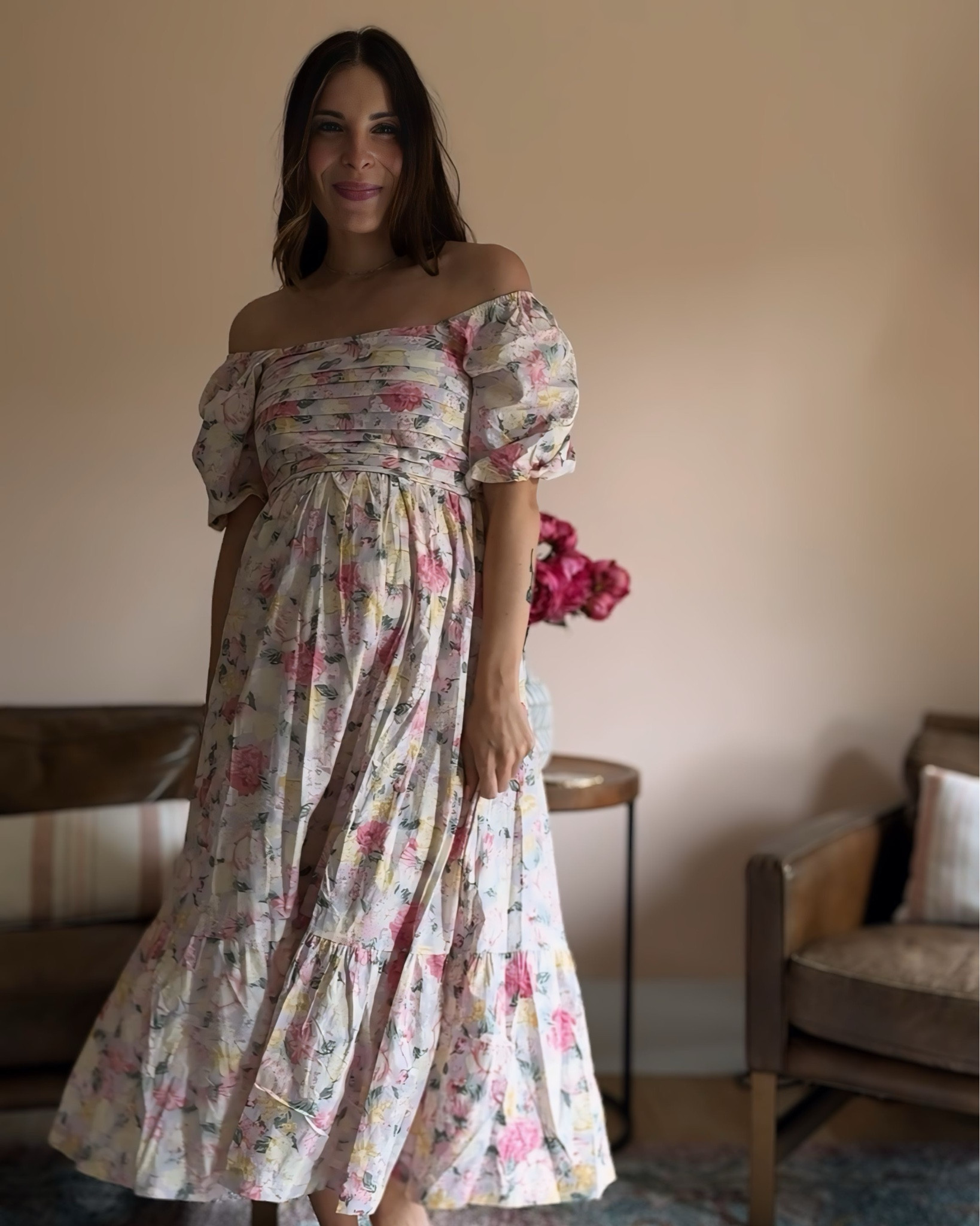 Pink + yellow floral puff sleeve midi dress from pink blush • can be worn before, during, and after pregnancy 🤰🏻 wearing size smalll

36 weeks, bump friendly, wedding guest dress, teacher dress, teacher outfit (with sleeves up)

#LTKBacktoSchool #LTKBump #LTKWedding