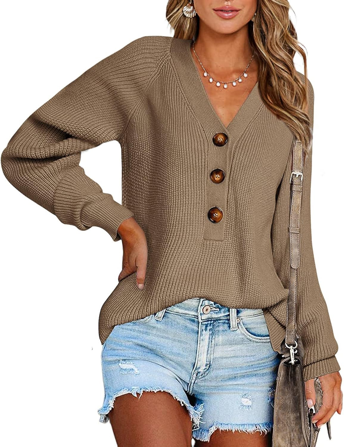 BTFBM Women Long Sleeve V Neck Button Down Sweater Solid Color Ribbed Knit Sweater Casual Relaxed... | Amazon (US)