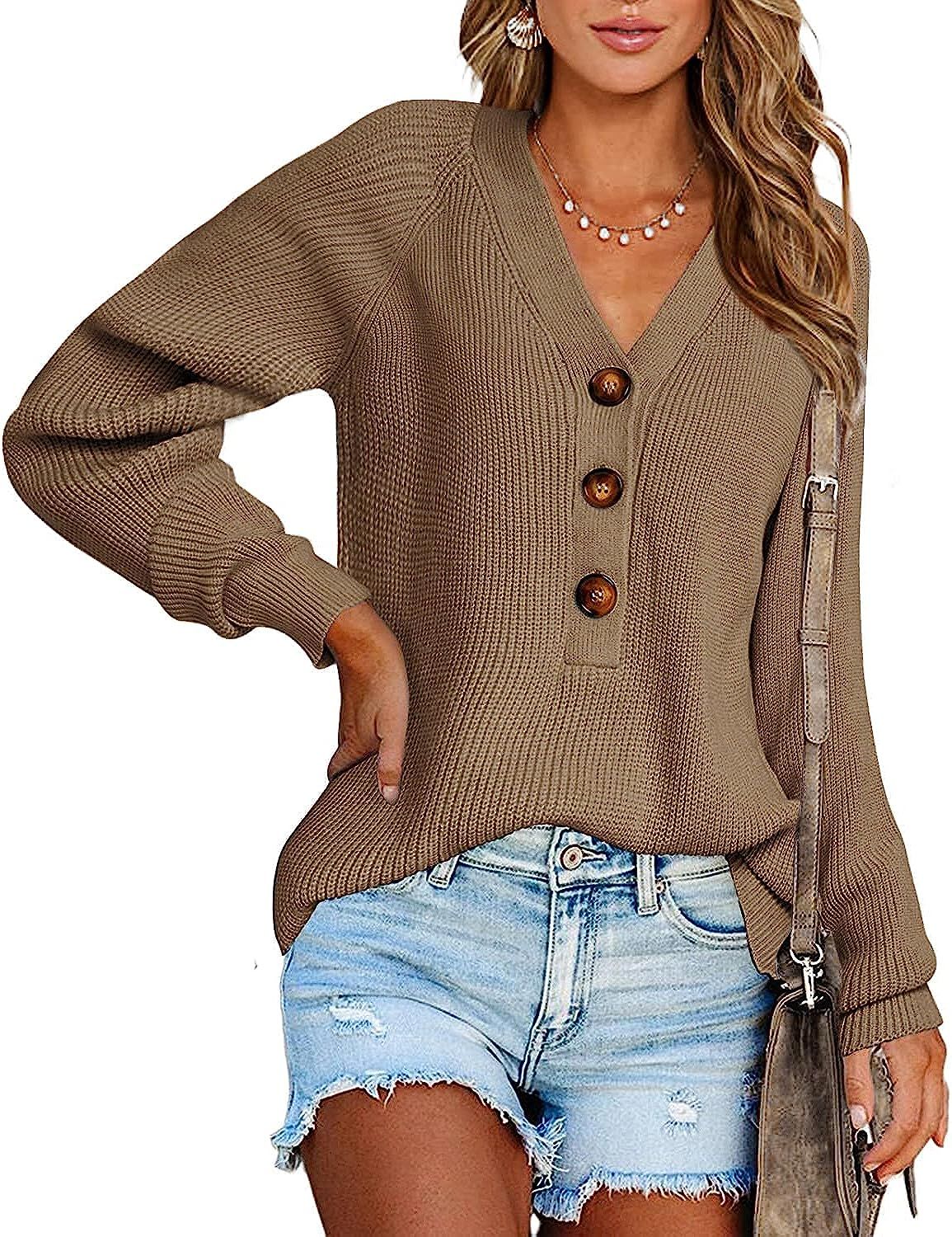 BTFBM Women Long Sleeve V Neck Button Down Sweater Solid Color Ribbed Knit Sweater Casual Relaxed... | Amazon (US)