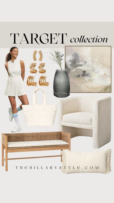 Target Collection: warm neutral home decor and fashion finds from Target. Athletic dress, tennis dress, white dress, pickleball dress, white sneakers, tote bag, accent chair, bench, entryway bench, framed abstract art, smoke vase, ribbed vase, faux floral stem, textured accent pillow, gold hoop set.

#LTKSeasonal #LTKhome #LTKstyletip