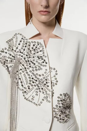 Placed Floral Crystal Embellished Tailored Blazer Jacket | Karen Millen | Karen Millen US